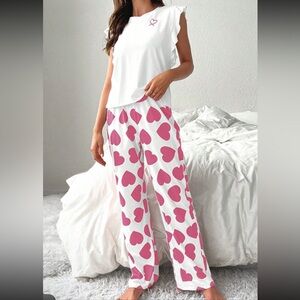 Heart print ruffle tank pant pajama set pink